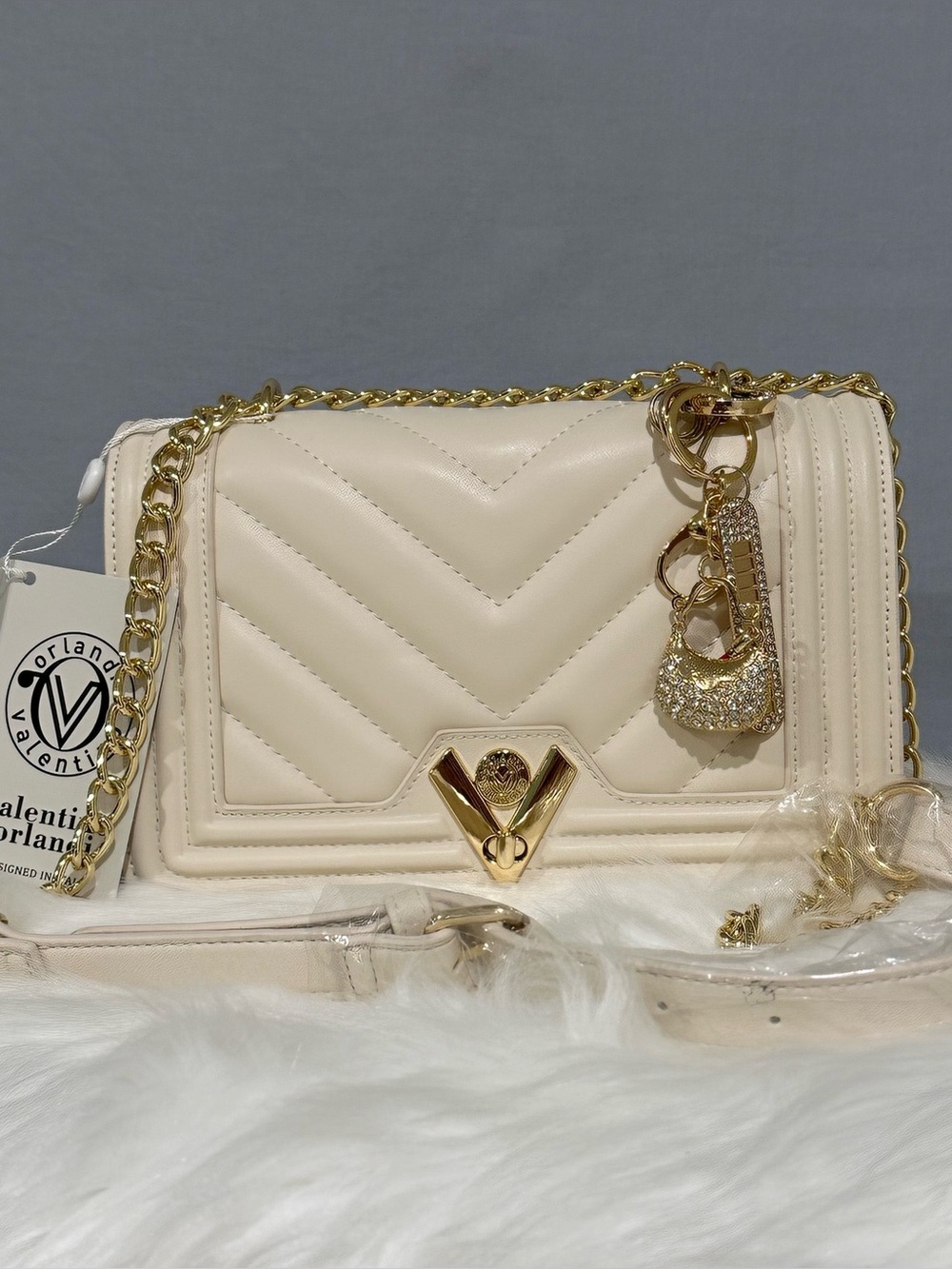 Valentino Orlandi Cream Quilted Chevron Shoulder Bag with Gold Chain